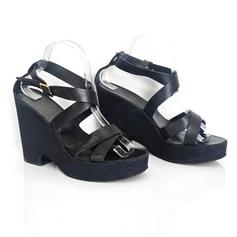 Gucci GG Monogram Canvas Platform Wedge Sandals‎ Black Leather Size 9